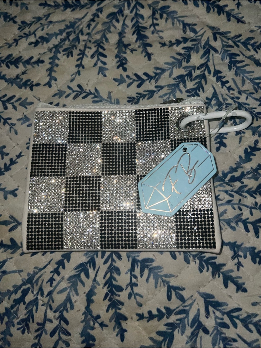 NWT Five Below Rhinestone Checkered Coin Purse Keychain Pouch Clip
